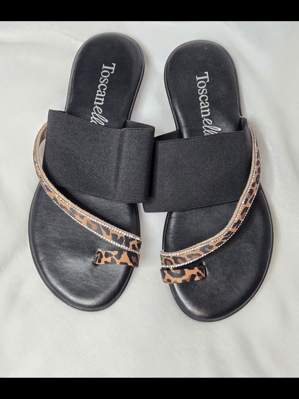 NWOB Toscanella Italy Black Leopard Rhinestone Elastic Slip-On Sandals Size 6.5